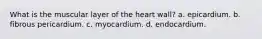 What is the muscular layer of the heart wall? a. epicardium. b. fibrous pericardium. c. myocardium. d. endocardium.