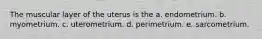 The muscular layer of the uterus is the a. endometrium. b. myometrium. c. uterometrium. d. perimetrium. e. sarcometrium.