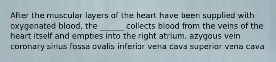 After the muscular layers of the heart have been supplied with oxygenated blood, the ______ collects blood from the veins of the heart itself and empties into the right atrium. azygous vein coronary sinus fossa ovalis inferior vena cava superior vena cava