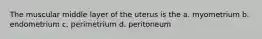 The muscular middle layer of the uterus is the a. myometrium b. endometrium c. perimetrium d. peritoneum