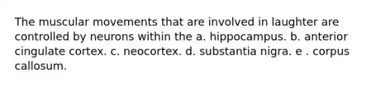 The muscular movements that are involved in laughter are controlled by neurons within the a. hippocampus. b. anterior cingulate cortex. c. neocortex. d. substantia nigra. e . corpus callosum.