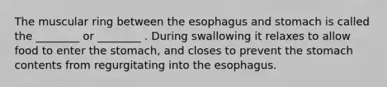 The muscular ring between the esophagus and stomach is called the ________ or ________ . During swallowing it relaxes to allow food to enter the stomach, and closes to prevent the stomach contents from regurgitating into the esophagus.