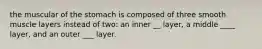 the muscular of the stomach is composed of three smooth muscle layers instead of two: an inner __ layer, a middle ____ layer, and an outer ___ layer.