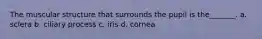 The muscular structure that surrounds the pupil is the_______. a. sclera b. ciliary process c. iris d. cornea