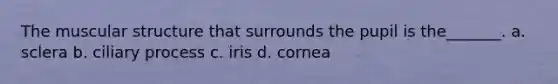 The muscular structure that surrounds the pupil is the_______. a. sclera b. ciliary process c. iris d. cornea