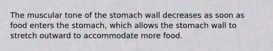 The muscular tone of the stomach wall decreases as soon as food enters the stomach, which allows the stomach wall to stretch outward to accommodate more food.