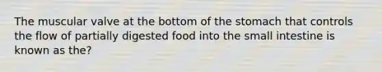 The muscular valve at the bottom of the stomach that controls the flow of partially digested food into the small intestine is known as the?