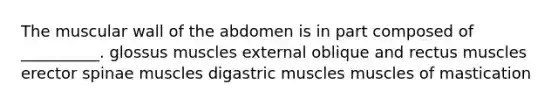 The muscular wall of the abdomen is in part composed of __________. glossus muscles external oblique and rectus muscles erector spinae muscles digastric muscles muscles of mastication