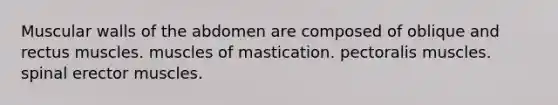 Muscular walls of the abdomen are composed of oblique and rectus muscles. muscles of mastication. pectoralis muscles. spinal erector muscles.