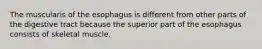 The muscularis of the esophagus is different from other parts of the digestive tract because the superior part of the esophagus consists of skeletal muscle.