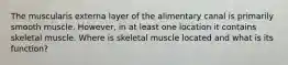 The muscularis externa layer of the alimentary canal is primarily smooth muscle. However, in at least one location it contains skeletal muscle. Where is skeletal muscle located and what is its function?