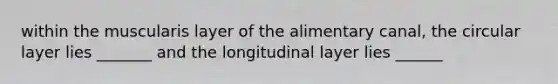 within the muscularis layer of the alimentary canal, the circular layer lies _______ and the longitudinal layer lies ______