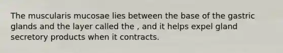 The muscularis mucosae lies between the base of the gastric glands and the layer called the , and it helps expel gland secretory products when it contracts.