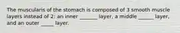 The muscularis of the stomach is composed of 3 smooth muscle layers instead of 2: an inner _______ layer, a middle ______ layer, and an outer _____ layer.