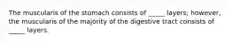 The muscularis of the stomach consists of _____ layers; however, the muscularis of the majority of the digestive tract consists of _____ layers.