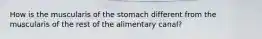 How is the muscularis of the stomach different from the muscularis of the rest of the alimentary canal?