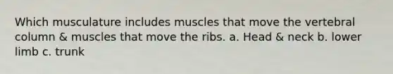 Which musculature includes muscles that move the <a href='https://www.questionai.com/knowledge/ki4fsP39zf-vertebral-column' class='anchor-knowledge'>vertebral column</a> & muscles that move the ribs. a. Head & neck b. <a href='https://www.questionai.com/knowledge/kF4ILRdZqC-lower-limb' class='anchor-knowledge'>lower limb</a> c. trunk