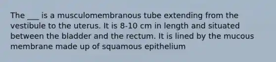 The ___ is a musculomembranous tube extending from the vestibule to the uterus. It is 8-10 cm in length and situated between the bladder and the rectum. It is lined by the mucous membrane made up of squamous epithelium