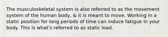 The musculoskeletal system is also referred to as the movement system of the human body, & it is meant to move. Working in a static position for long periods of time can induce fatigue in your body. This is what's referred to as static load.