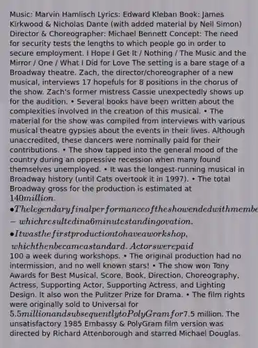Music: Marvin Hamlisch Lyrics: Edward Kleban Book: James Kirkwood & Nicholas Dante (with added material by Neil Simon) Director & Choreographer: Michael Bennett Concept: The need for security tests the lengths to which people go in order to secure employment. I Hope I Get It / Nothing / The Music and the Mirror / One / What I Did for Love The setting is a bare stage of a Broadway theatre. Zach, the director/choreographer of a new musical, interviews 17 hopefuls for 8 positions in the chorus of the show. Zach's former mistress Cassie unexpectedly shows up for the audition. • Several books have been written about the complexities involved in the creation of this musical. • The material for the show was compiled from interviews with various musical theatre gypsies about the events in their lives. Although unaccredited, these dancers were nominally paid for their contributions. • The show tapped into the general mood of the country during an oppressive recession when many found themselves unemployed. • It was the longest-running musical in Broadway history (until Cats overtook it in 1997). • The total Broadway gross for the production is estimated at 140 million. • The legendary final performance of the show ended with members of the original cast joining in the final production number - which resulted in a 6 minute standing ovation. • It was the first production to have a workshop, which then became a standard. Actors were paid100 a week during workshops. • The original production had no intermission, and no well known stars! • The show won Tony Awards for Best Musical, Score, Book, Direction, Choreography, Actress, Supporting Actor, Supporting Actress, and Lighting Design. It also won the Pulitzer Prize for Drama. • The film rights were originally sold to Universal for 5.5 million and subsequently to PolyGram for7.5 million. The unsatisfactory 1985 Embassy & PolyGram film version was directed by Richard Attenborough and starred Michael Douglas.
