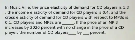 In Music ​Ville, the price elasticity of demand for CD players is 1.3​, the income elasticity of demand for CD players is 0.4​, and the cross elasticity of demand for CD players with respect to MP3s is 0.1. CD players and MP3s are​ ______. If the price of an MP 3 increases by 2020 percent with no change in the price of a CD player, the number of CD players____ by ___ percent.