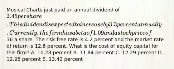 Musical Charts just paid an annual dividend of 2.45 per share. This dividend is expected to increase by 3.3 percent annually. Currently, the firm has a beta of 1.09 and a stock price of36 a share. The risk-free rate is 4.2 percent and the market rate of return is 12.6 percent. What is the cost of equity capital for this firm? A. 10.28 percent B. 11.84 percent C. 12.29 percent D. 12.95 percent E. 13.42 percent