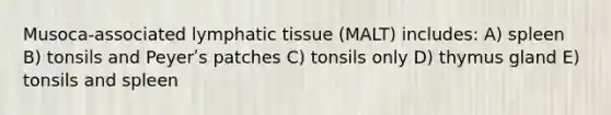 Musoca-associated lymphatic tissue (MALT) includes: A) spleen B) tonsils and Peyerʹs patches C) tonsils only D) thymus gland E) tonsils and spleen