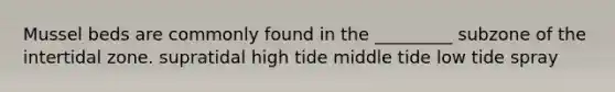 Mussel beds are commonly found in the _________ subzone of the intertidal zone. supratidal high tide middle tide low tide spray