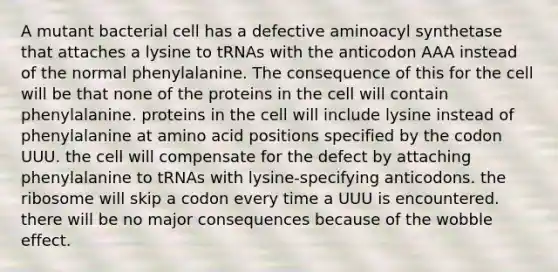 A mutant bacterial cell has a defective aminoacyl synthetase that attaches a lysine to tRNAs with the anticodon AAA instead of the normal phenylalanine. The consequence of this for the cell will be that none of the proteins in the cell will contain phenylalanine. proteins in the cell will include lysine instead of phenylalanine at amino acid positions specified by the codon UUU. the cell will compensate for the defect by attaching phenylalanine to tRNAs with lysine-specifying anticodons. the ribosome will skip a codon every time a UUU is encountered. there will be no major consequences because of the wobble effect.