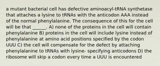 a mutant bacterial cell has defective aminoacyl-tRNA synthetase that attaches a lysine to tRNAs with the anticodon AAA instead of the normal phenylalanine. The consequence of this for the cell will be that ______. A) none of the proteins in the cell will contain phenylalanine B) proteins in the cell will include lysine instead of phenylalanine at amino acid positions specified by the codon UUU C) the cell will compensate for the defect by attaching phenylalanine to tRNAs with lysine- specifying anticodons D) the ribosome will skip a codon every time a UUU is encountered