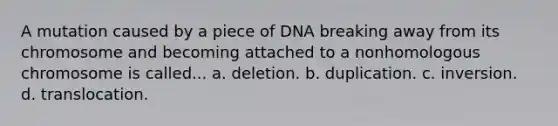 A mutation caused by a piece of DNA breaking away from its chromosome and becoming attached to a nonhomologous chromosome is called... a. deletion. b. duplication. c. inversion. d. translocation.