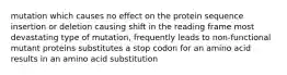 mutation which causes no effect on the protein sequence insertion or deletion causing shift in the reading frame most devastating type of mutation, frequently leads to non-functional mutant proteins substitutes a stop codon for an amino acid results in an amino acid substitution