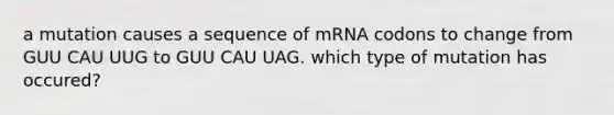 a mutation causes a sequence of mRNA codons to change from GUU CAU UUG to GUU CAU UAG. which type of mutation has occured?