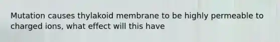 Mutation causes thylakoid membrane to be highly permeable to charged ions, what effect will this have