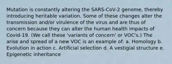 Mutation is constantly altering the SARS-CoV-2 genome, thereby introducing heritable variation. Some of these changes alter the transmission and/or virulence of the virus and are thus of concern because they can alter the human health impacts of Covid-19. (We call these 'variants of concern' or VOC's.) The arise and spread of a new VOC is an example of: a. Homology b. Evolution in action c. Artificial selection d. A vestigial structure e. Epigenetic inheritance