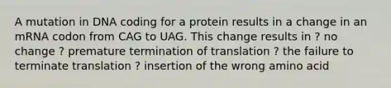 A mutation in DNA coding for a protein results in a change in an mRNA codon from CAG to UAG. This change results in ? no change ? premature <a href='https://www.questionai.com/knowledge/kG3Jk6ErHI-termination-of-translation' class='anchor-knowledge'>termination of translation</a> ? the failure to terminate translation ? insertion of the wrong amino acid