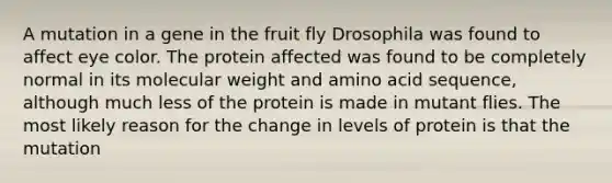 A mutation in a gene in the fruit fly Drosophila was found to affect eye color. The protein affected was found to be completely normal in its molecular weight and amino acid sequence, although much less of the protein is made in mutant flies. The most likely reason for the change in levels of protein is that the mutation