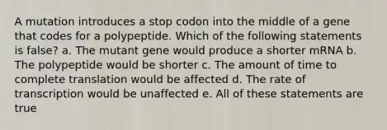 A mutation introduces a stop codon into the middle of a gene that codes for a polypeptide. Which of the following statements is false? a. The mutant gene would produce a shorter mRNA b. The polypeptide would be shorter c. The amount of time to complete translation would be affected d. The rate of transcription would be unaffected e. All of these statements are true