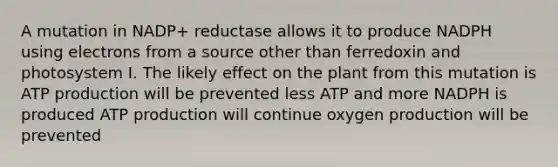 A mutation in NADP+ reductase allows it to produce NADPH using electrons from a source other than ferredoxin and photosystem I. The likely effect on the plant from this mutation is ATP production will be prevented less ATP and more NADPH is produced ATP production will continue oxygen production will be prevented