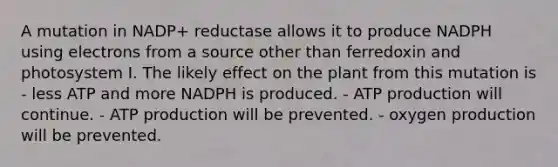 A mutation in NADP+ reductase allows it to produce NADPH using electrons from a source other than ferredoxin and photosystem I. The likely effect on the plant from this mutation is - less ATP and more NADPH is produced. - ATP production will continue. - ATP production will be prevented. - oxygen production will be prevented.