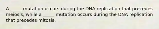 A _____ mutation occurs during the DNA replication that precedes meiosis, while a _____ mutation occurs during the DNA replication that precedes mitosis.