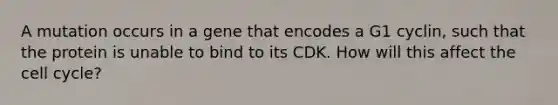 A mutation occurs in a gene that encodes a G1 cyclin, such that the protein is unable to bind to its CDK. How will this affect the cell cycle?