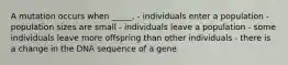 A mutation occurs when _____. - individuals enter a population - population sizes are small - individuals leave a population - some individuals leave more offspring than other individuals - there is a change in the DNA sequence of a gene