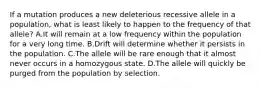 If a mutation produces a new deleterious recessive allele in a population, what is least likely to happen to the frequency of that allele? A.It will remain at a low frequency within the population for a very long time. B.Drift will determine whether it persists in the population. C.The allele will be rare enough that it almost never occurs in a homozygous state. D.The allele will quickly be purged from the population by selection.