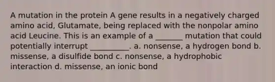 A mutation in the protein A gene results in a negatively charged amino acid, Glutamate, being replaced with the nonpolar amino acid Leucine. This is an example of a _______ mutation that could potentially interrupt __________. a. nonsense, a hydrogen bond b. missense, a disulfide bond c. nonsense, a hydrophobic interaction d. missense, an ionic bond