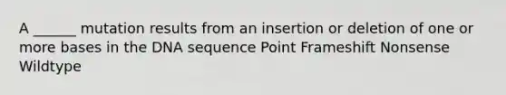 A ______ mutation results from an insertion or deletion of one or more bases in the DNA sequence Point Frameshift Nonsense Wildtype