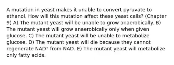 A mutation in yeast makes it unable to convert pyruvate to ethanol. How will this mutation affect these yeast cells? (Chapter 9) A) The mutant yeast will be unable to grow anaerobically. B) The mutant yeast will grow anaerobically only when given glucose. C) The mutant yeast will be unable to metabolize glucose. D) The mutant yeast will die because they cannot regenerate NAD⁺ from NAD. E) The mutant yeast will metabolize only fatty acids.