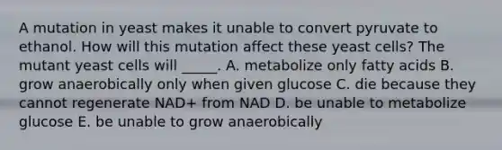 A mutation in yeast makes it unable to convert pyruvate to ethanol. How will this mutation affect these yeast cells? The mutant yeast cells will _____. A. metabolize only fatty acids B. grow anaerobically only when given glucose C. die because they cannot regenerate NAD+ from NAD D. be unable to metabolize glucose E. be unable to grow anaerobically