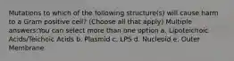 Mutations to which of the following structure(s) will cause harm to a Gram positive cell? (Choose all that apply) Multiple answers:You can select more than one option a. Lipoteichoic Acids/Teichoic Acids b. Plasmid c. LPS d. Nucleoid e. Outer Membrane