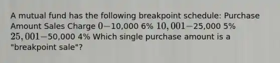 A mutual fund has the following breakpoint schedule: Purchase Amount Sales Charge 0 -10,000 6% 10,001 -25,000 5% 25,001 -50,000 4% Which single purchase amount is a "breakpoint sale"?